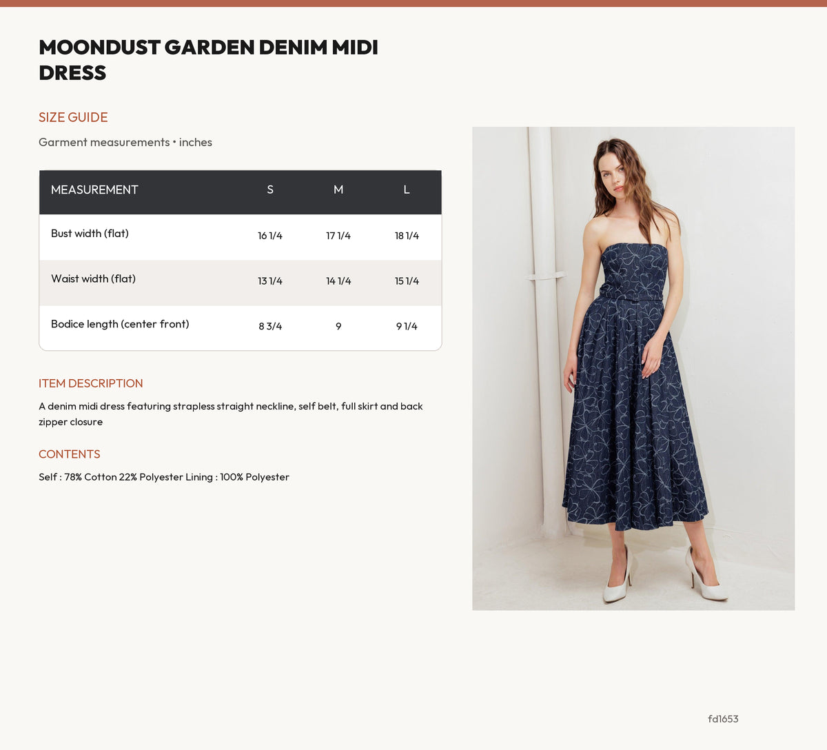 MOONDUST GARDEN DENIM MIDI DRESS size chart