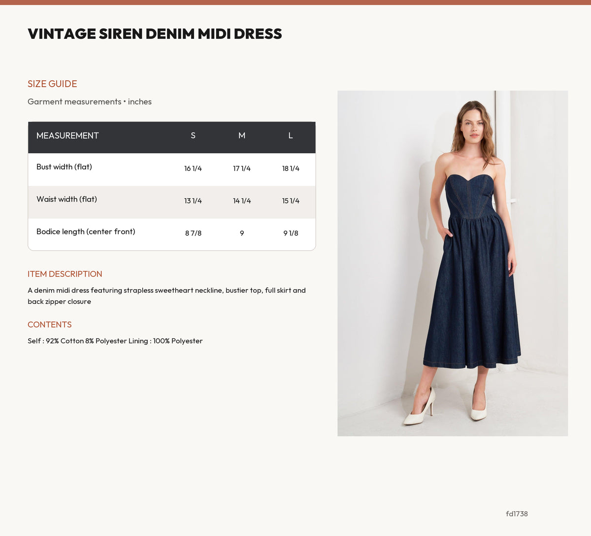 VINTAGE SIREN DENIM MIDI DRESS size chart