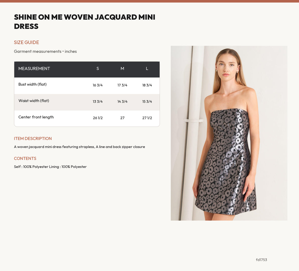 SHINE ON ME WOVEN JACQUARD MINI DRESS size chart