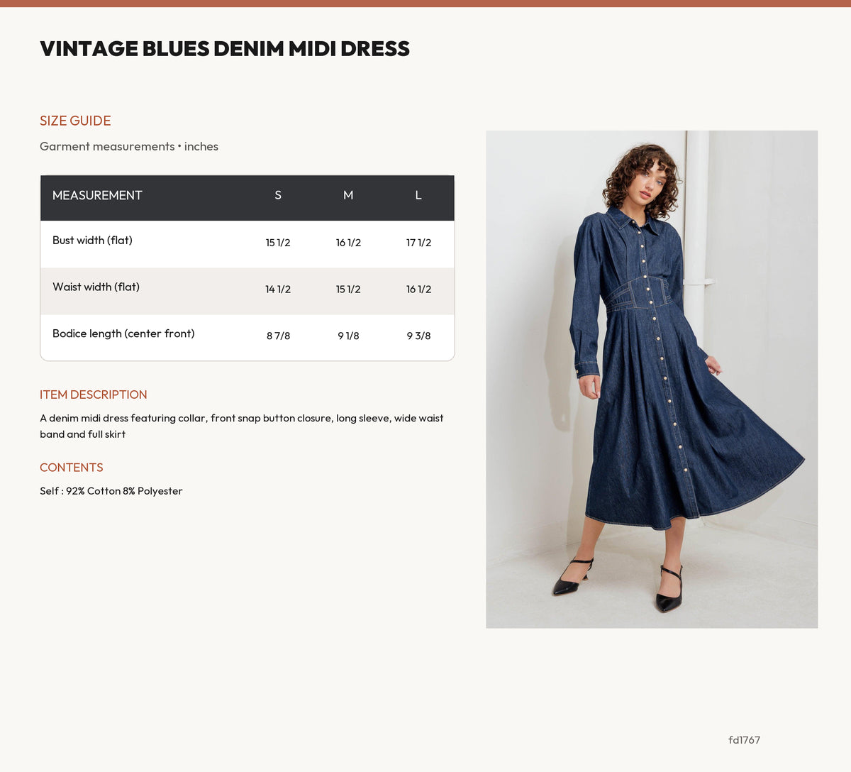 VINTAGE BLUES DENIM MIDI DRESS size chart