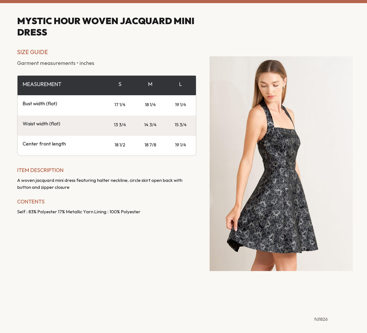 MYSTIC HOUR WOVEN JACQUARD MINI DRESS size chart