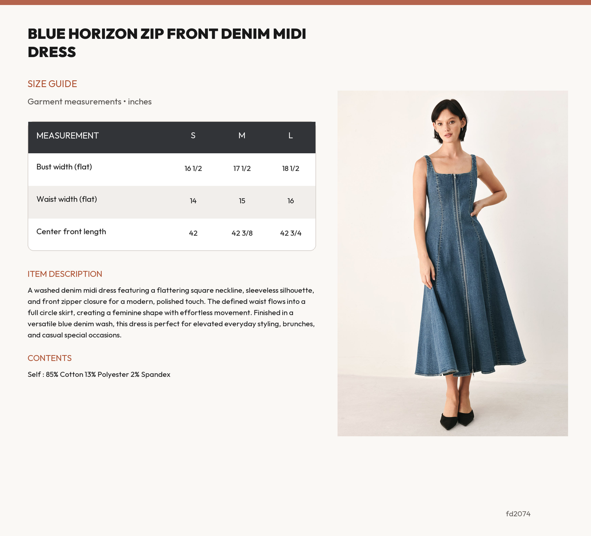 BLUE HORIZON ZIP FRONT DENIM MIDI DRESS size chart