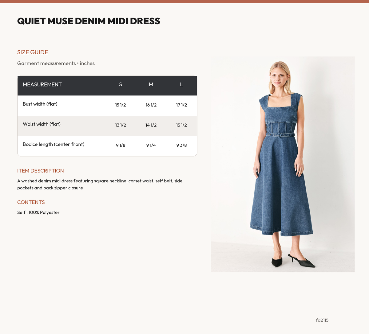 QUIET MUSE DENIM MIDI DRESS size chart