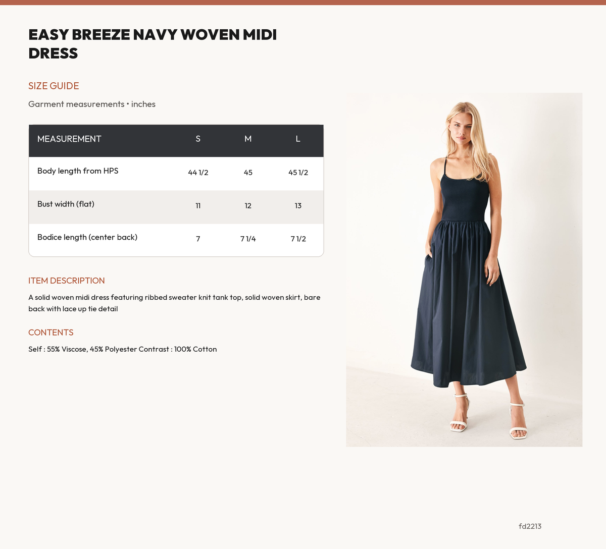 EASY BREEZE NAVY WOVEN MIDI DRESS size chart