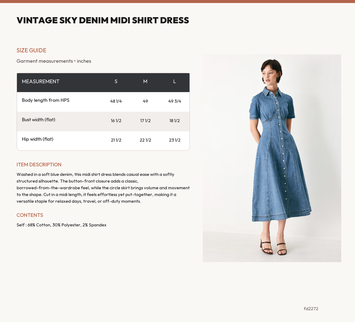 VINTAGE SKY DENIM MIDI SHIRT DRESS size chart