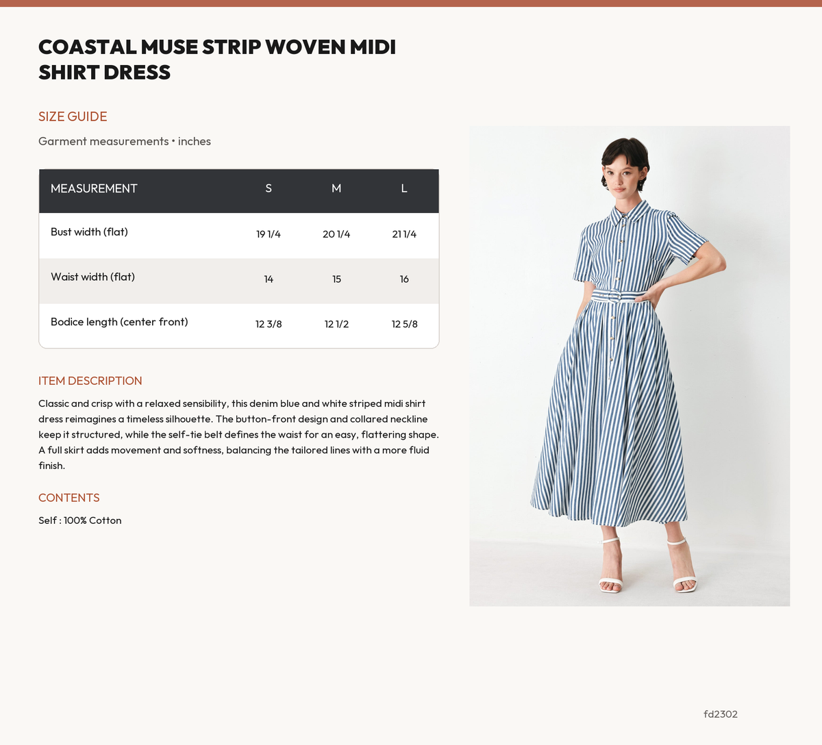 COASTAL MUSE STRIP WOVEN MIDI SHIRT DRESS size chart