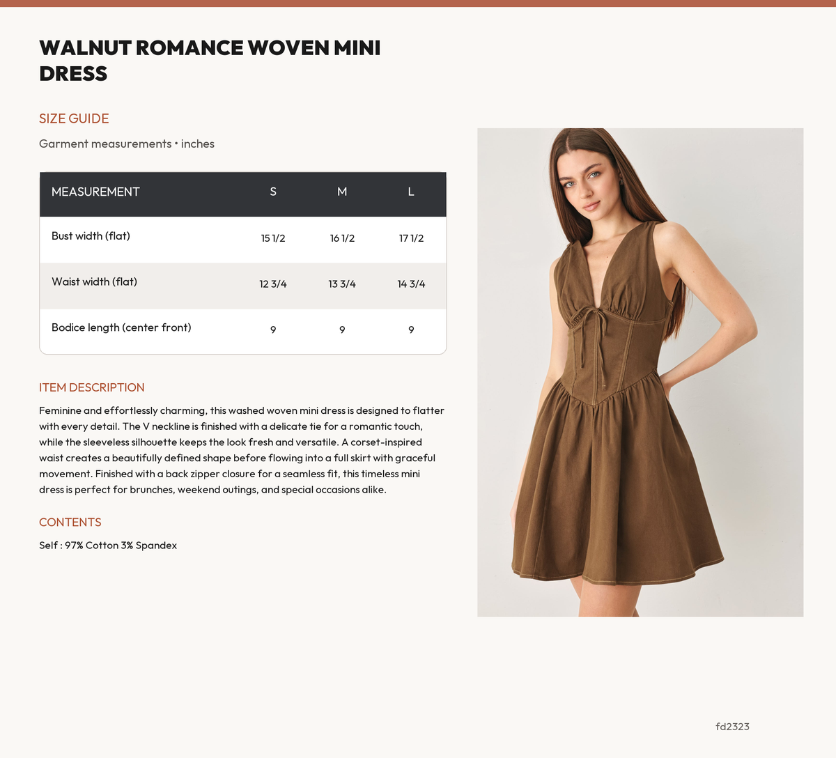 WALNUT ROMANCE WOVEN MINI DRESS size chart