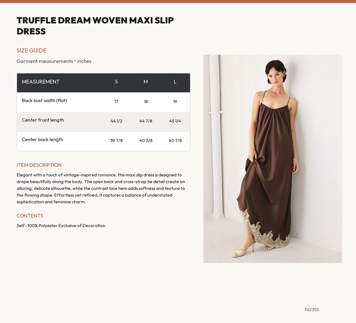 TRUFFLE DREAM WOVEN MAXI SLIP DRESS size chart