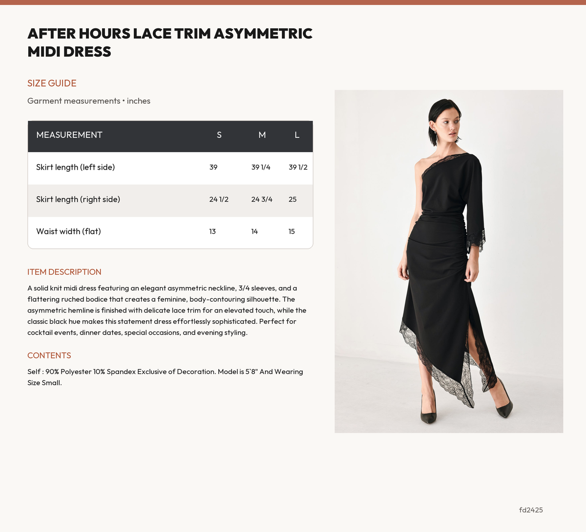 AFTER HOURS LACE TRIM ASYMMETRIC MIDI DRESS size chart