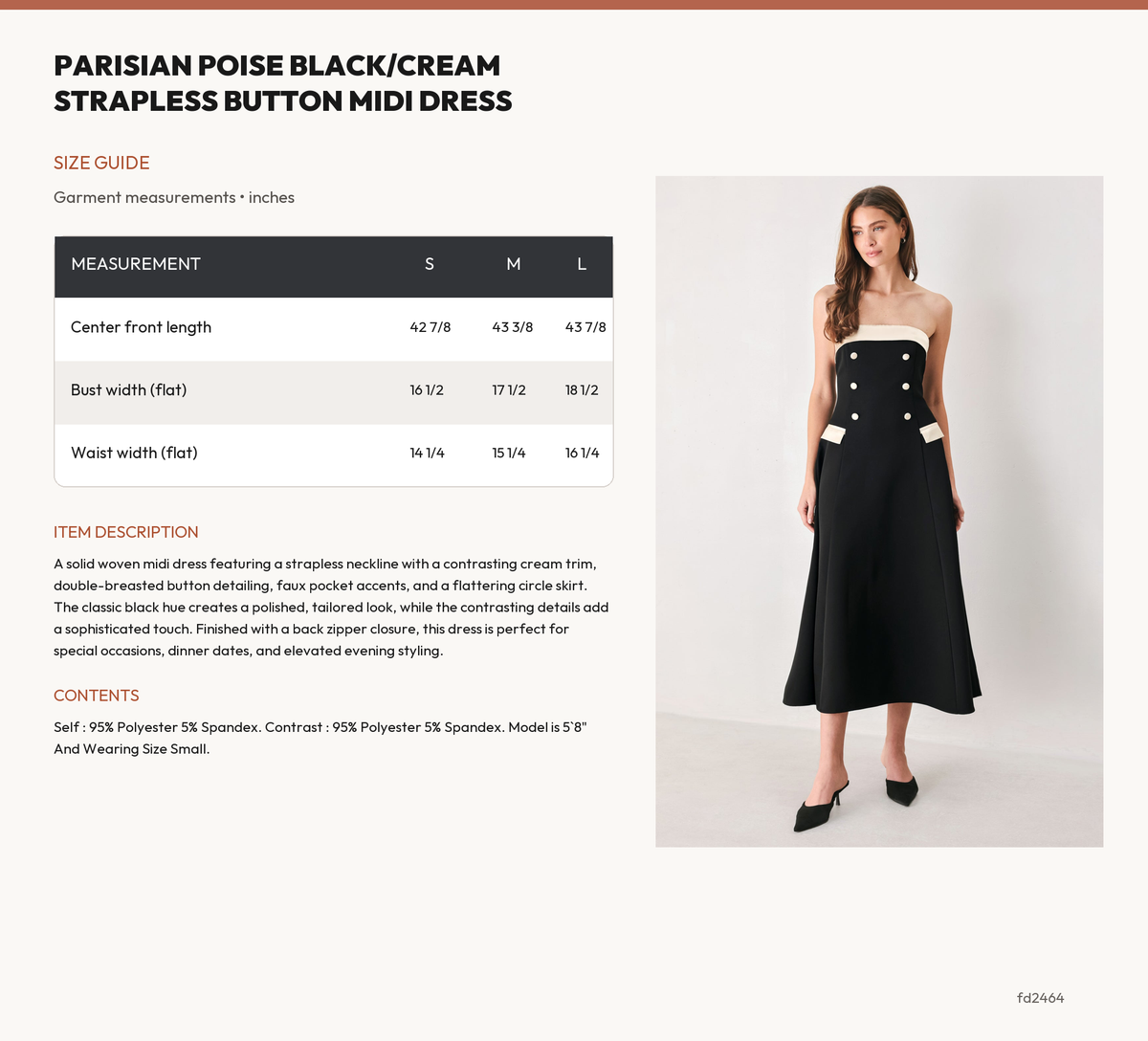 PARISIAN POISE BLACK/CREAM STRAPLESS BUTTON MIDI DRESS size chart