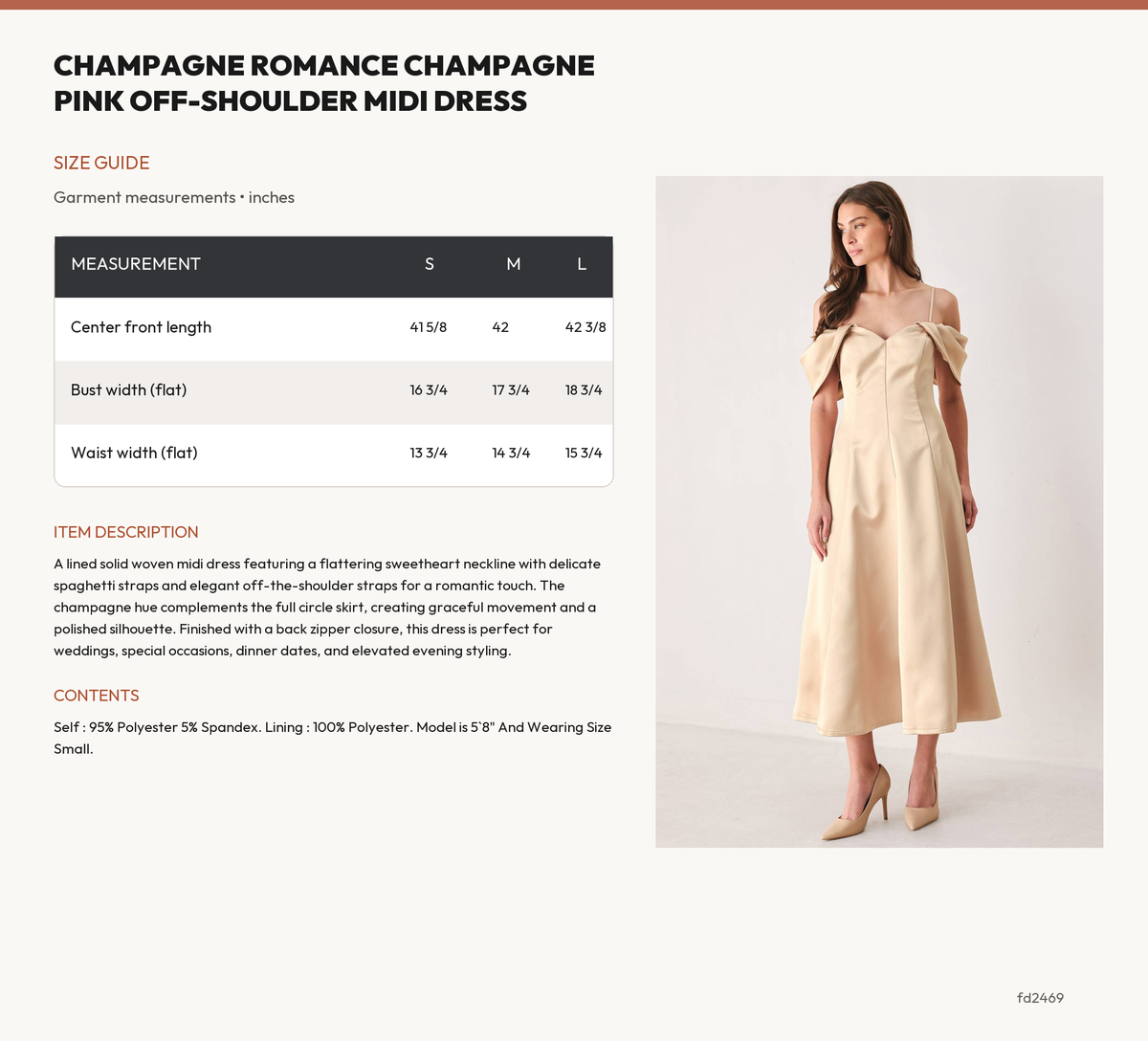 CHAMPAGNE ROMANCE CHAMPAGNE PINK OFF-SHOULDER MIDI DRESS size chart