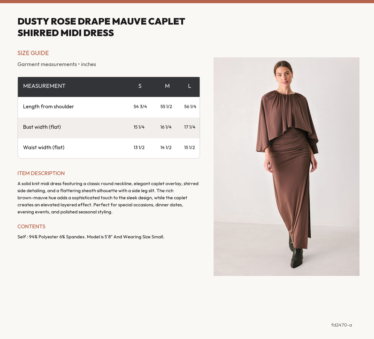 DUSTY ROSE DRAPE MAUVE CAPLET SHIRRED MIDI DRESS size chart