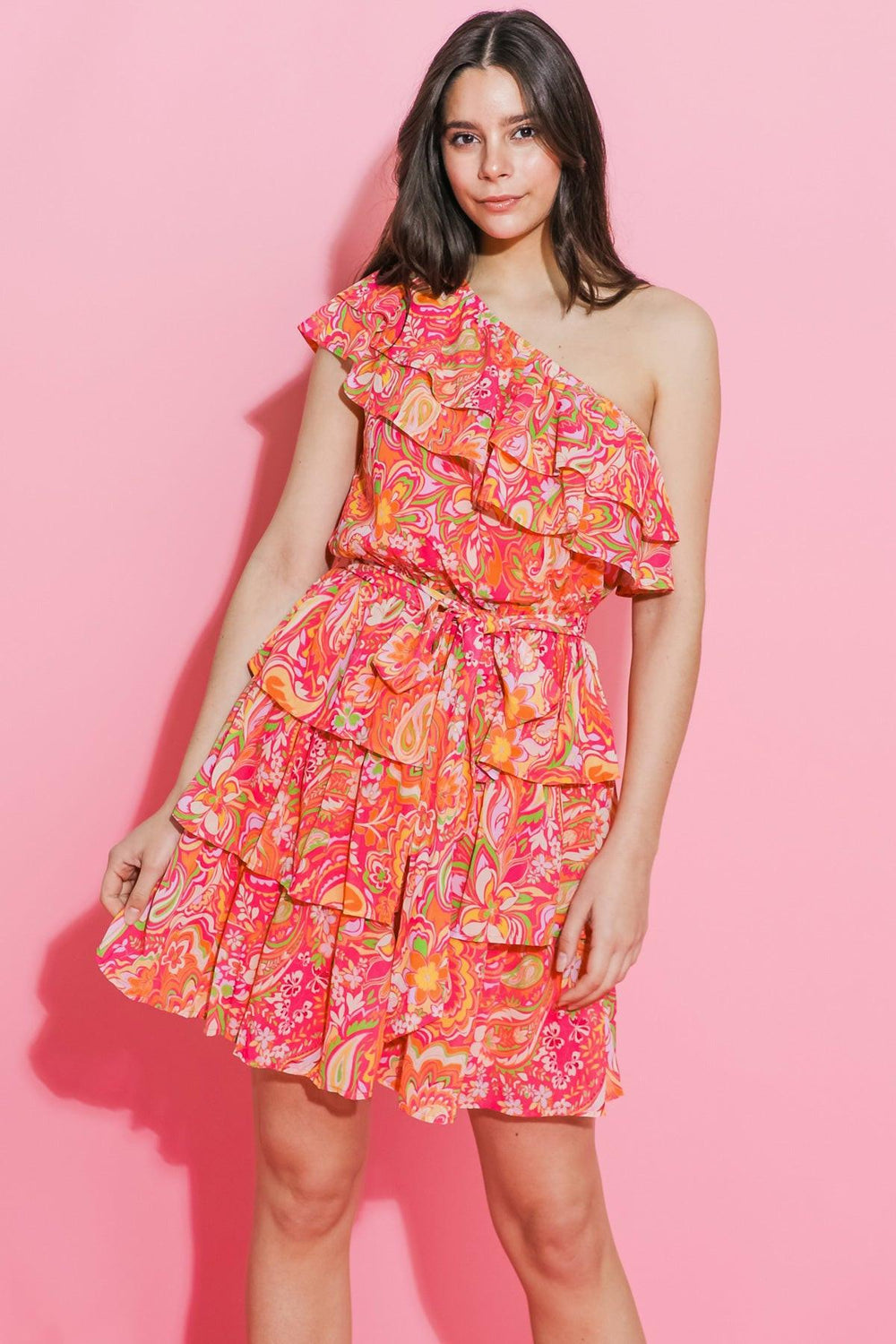 SUNFLOWER FIELDS ONE SHOULDER MINI DRESS.