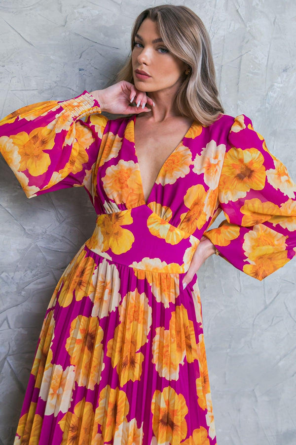 LOOK AT HER FLORAL WOVEN MIDI DRESS.