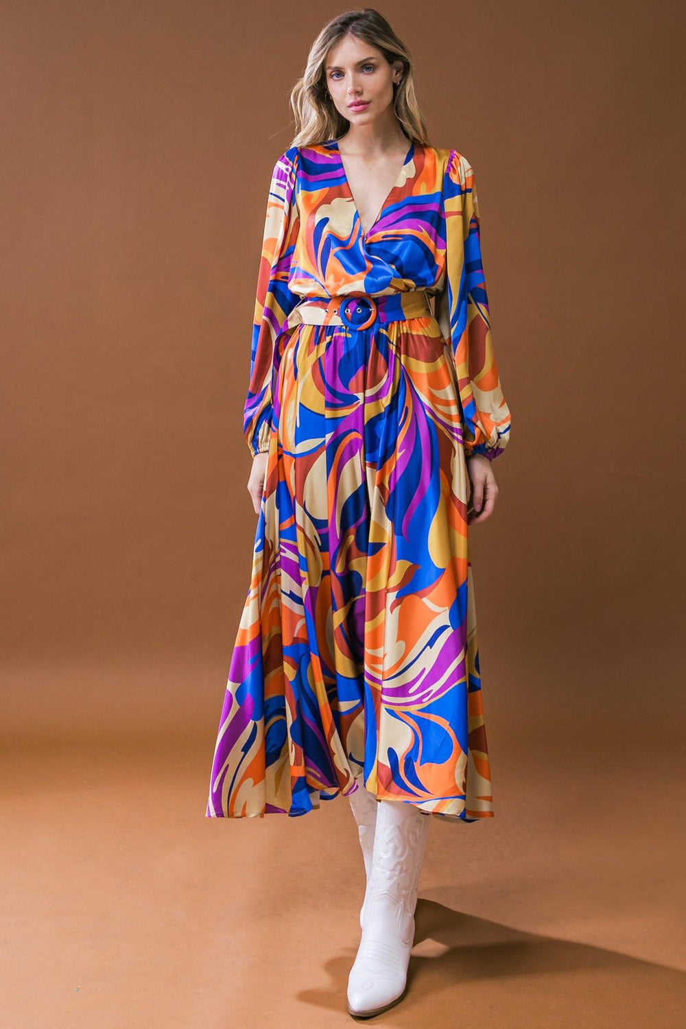BOLD ADVENTURES WOVEN SATIN MIDI DRESS.