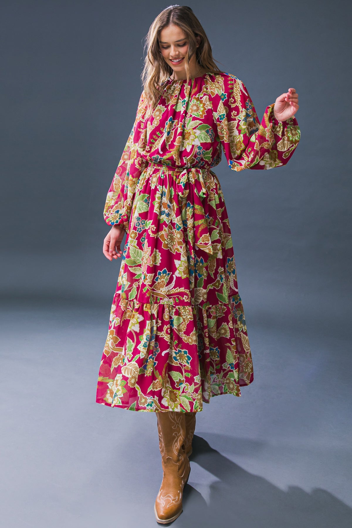 FLORALLY CHIC WOVEN MIDI DRESS