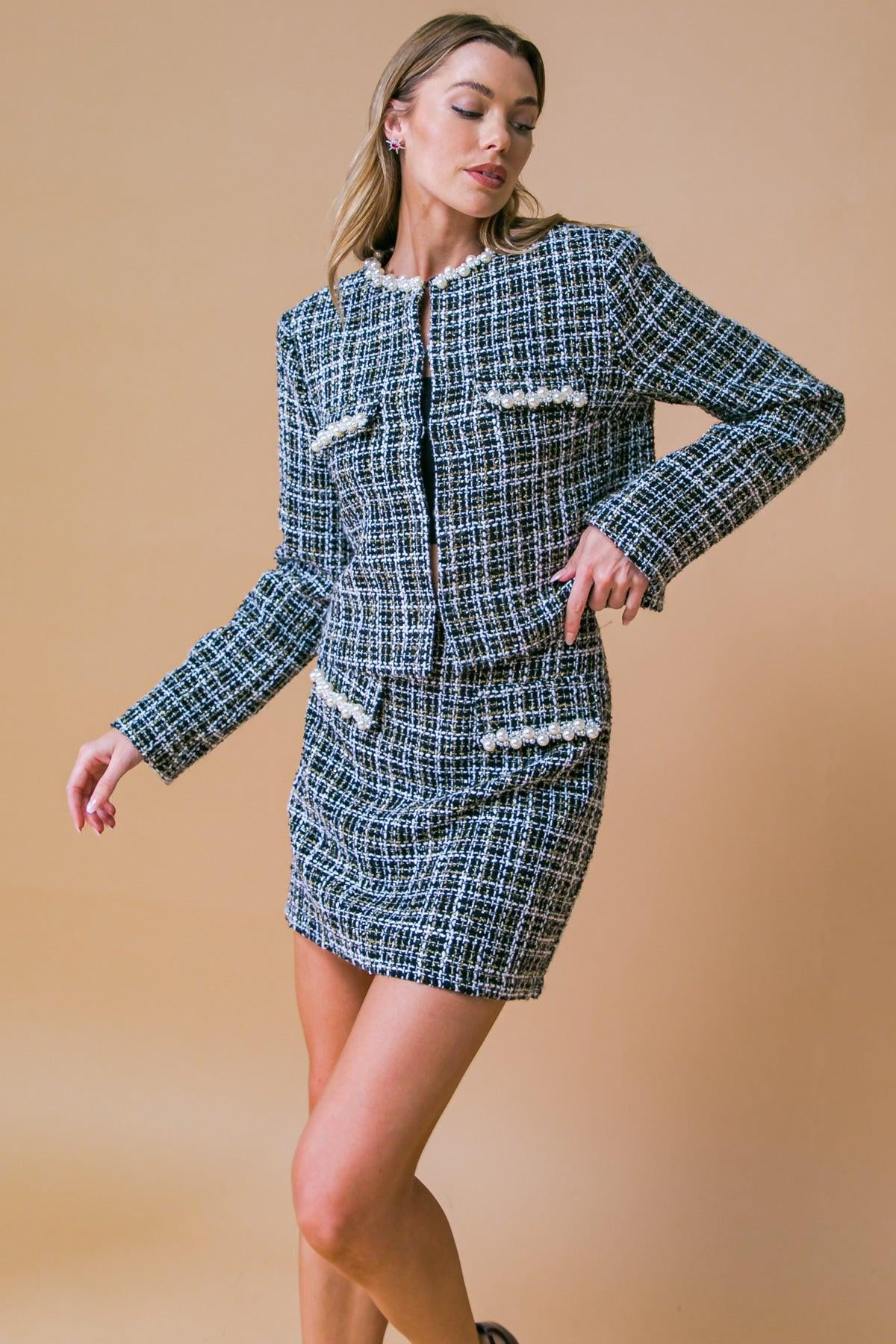 GUEST OF HONOR TWEED MINI SKIRT.