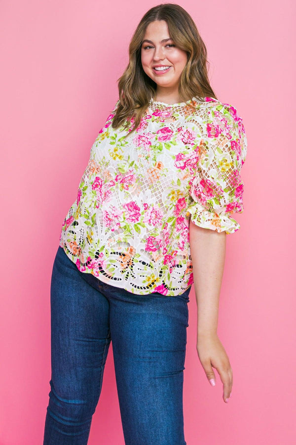 BLISS ME FLORAL WOVEN LACE TOP.