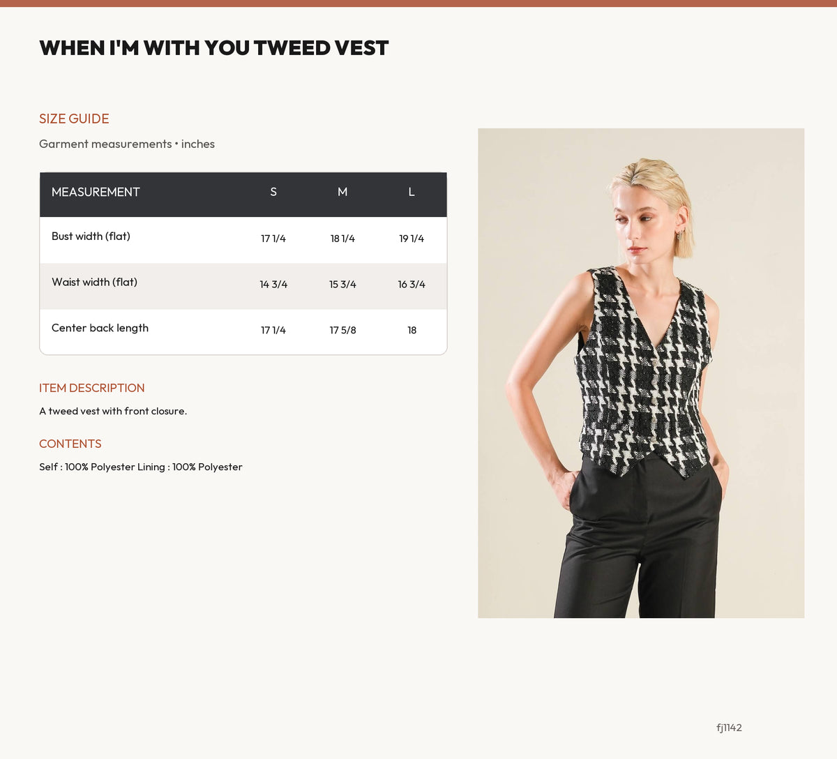 WHEN I'M WITH YOU TWEED VEST size chart