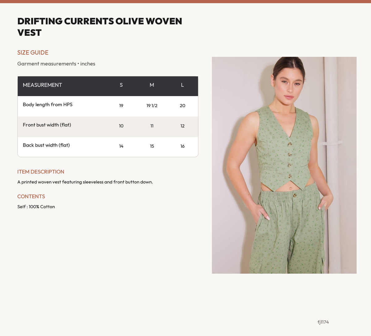 DRIFTING CURRENTS OLIVE WOVEN VEST size chart