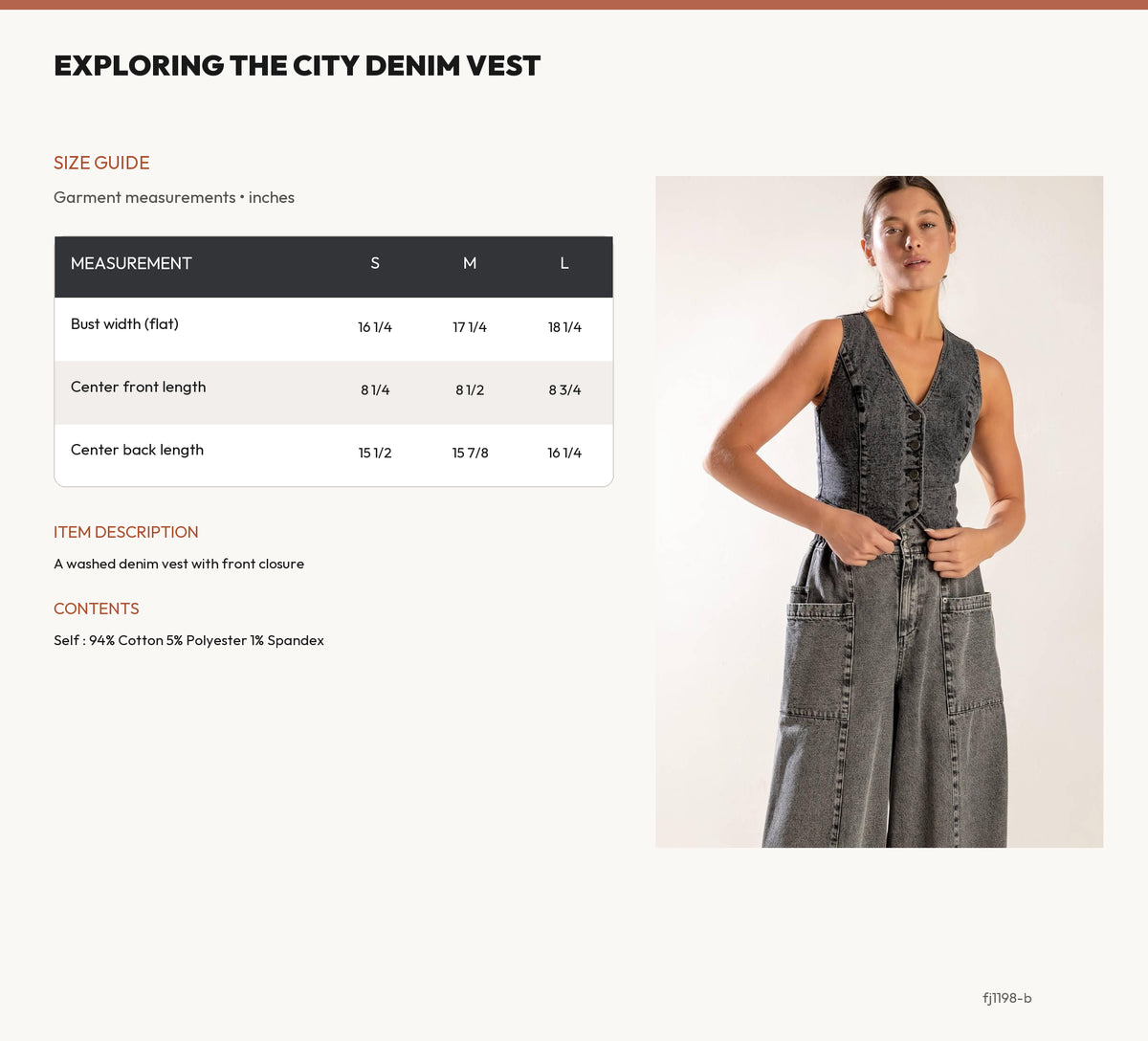 EXPLORING THE CITY DENIM VEST size chart