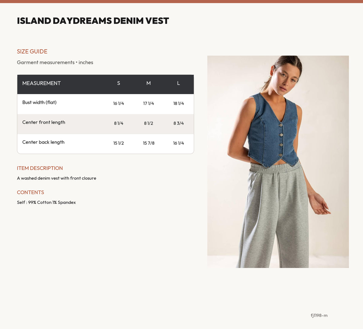 ISLAND DAYDREAMS DENIM VEST size chart