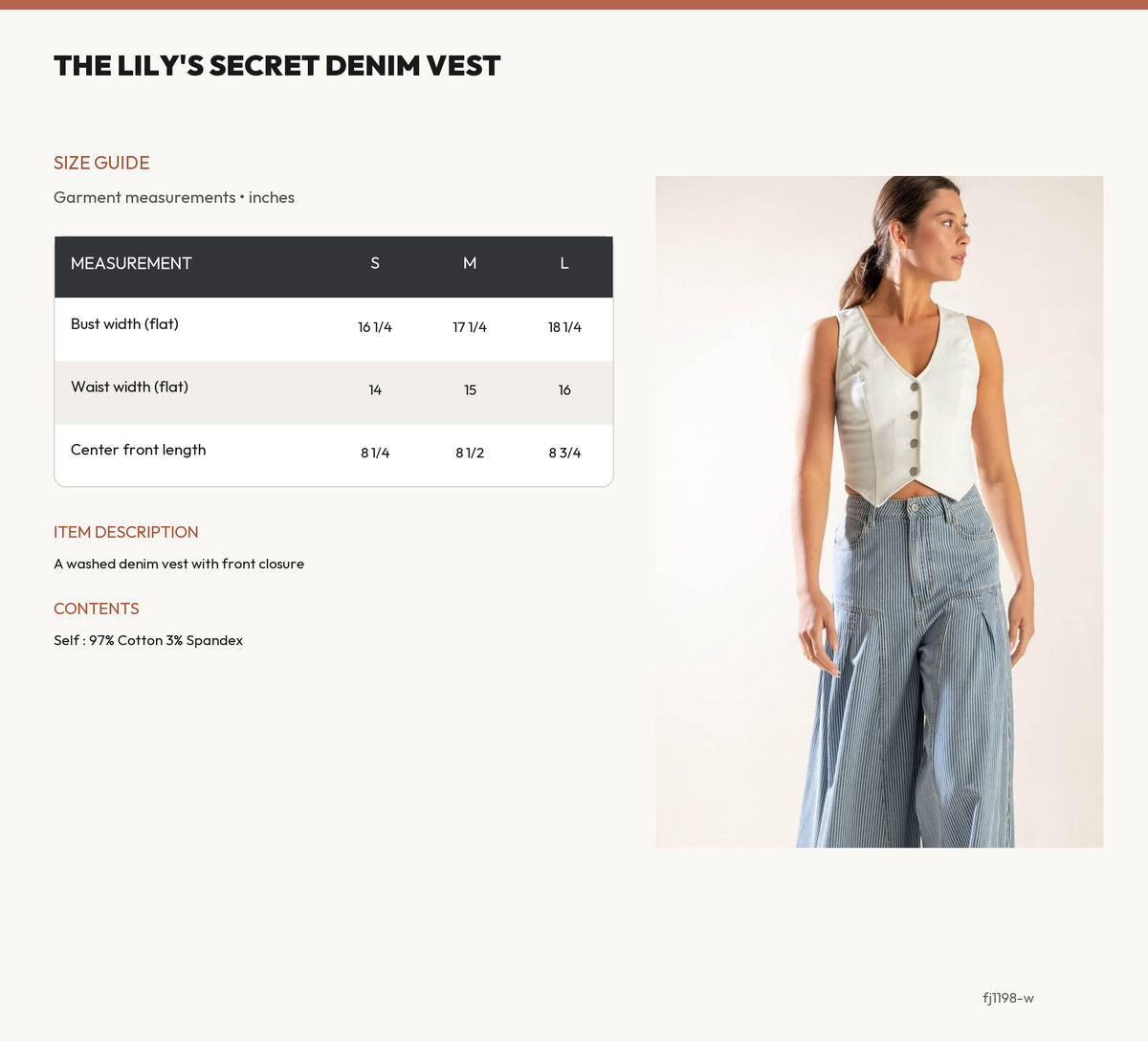THE LILY'S SECRET DENIM VEST size chart