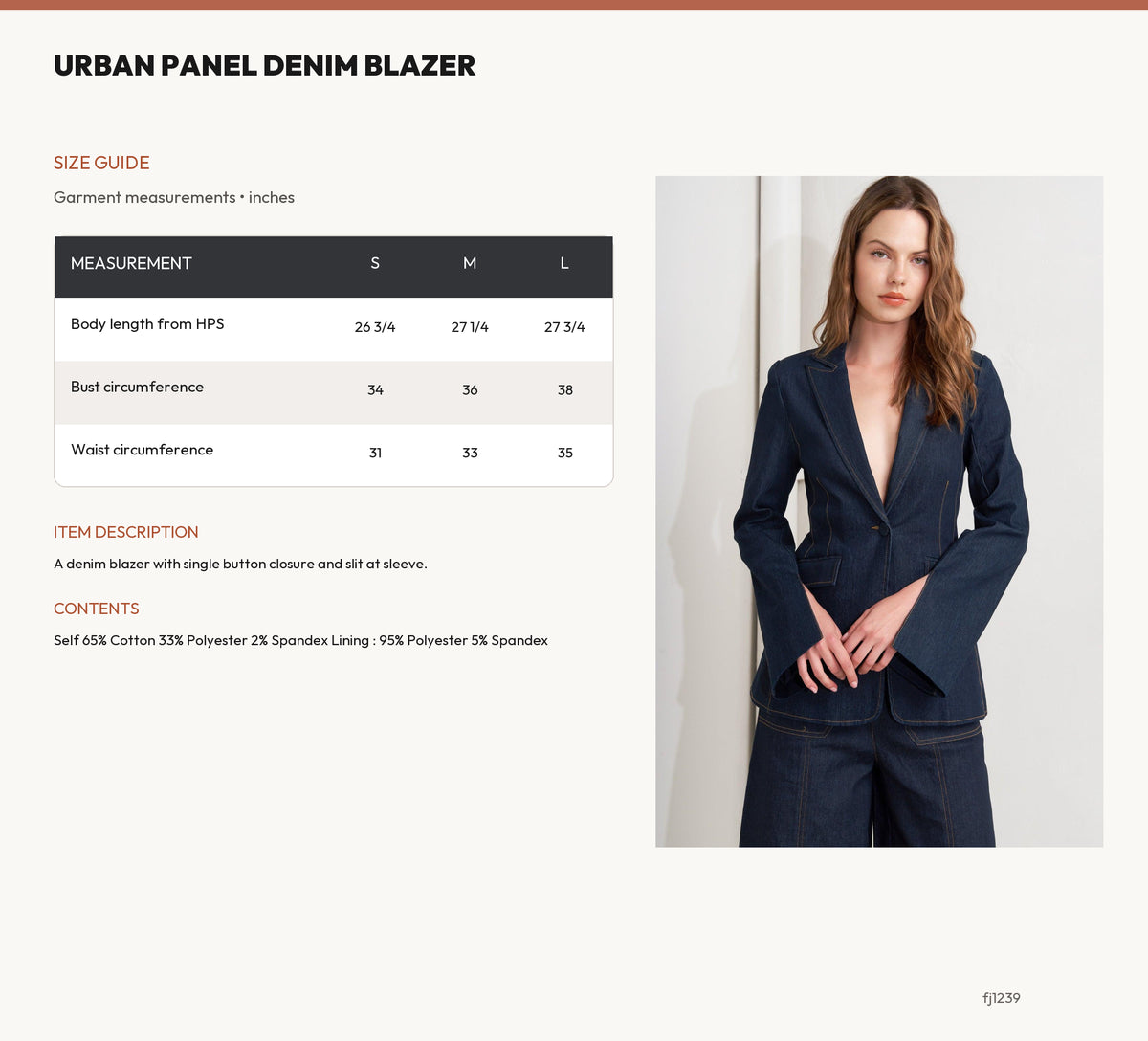 URBAN PANEL DENIM BLAZER size chart