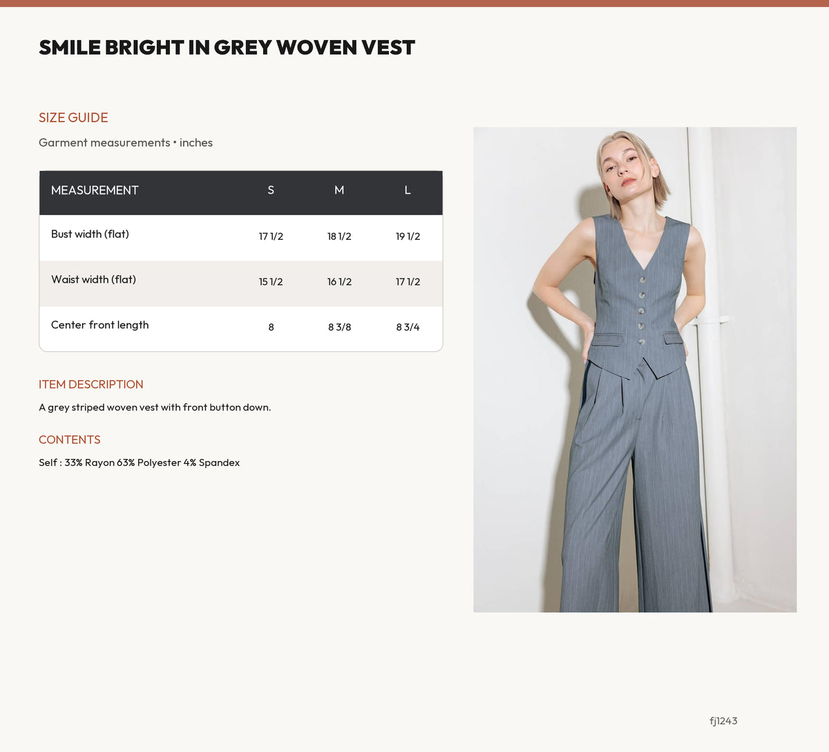 SMILE BRIGHT IN GREY WOVEN VEST size chart