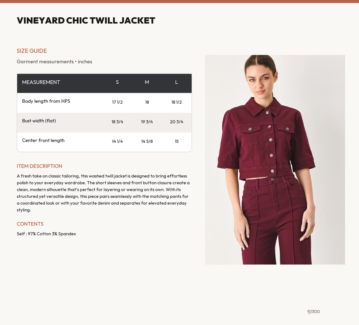 VINEYARD CHIC TWILL JACKET size chart