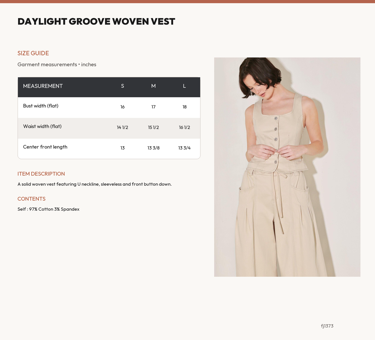 DAYLIGHT GROOVE WOVEN VEST size chart