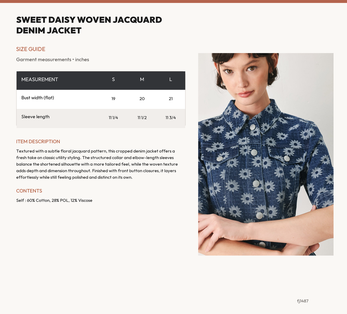 SWEET DAISY WOVEN JACQUARD DENIM JACKET size chart