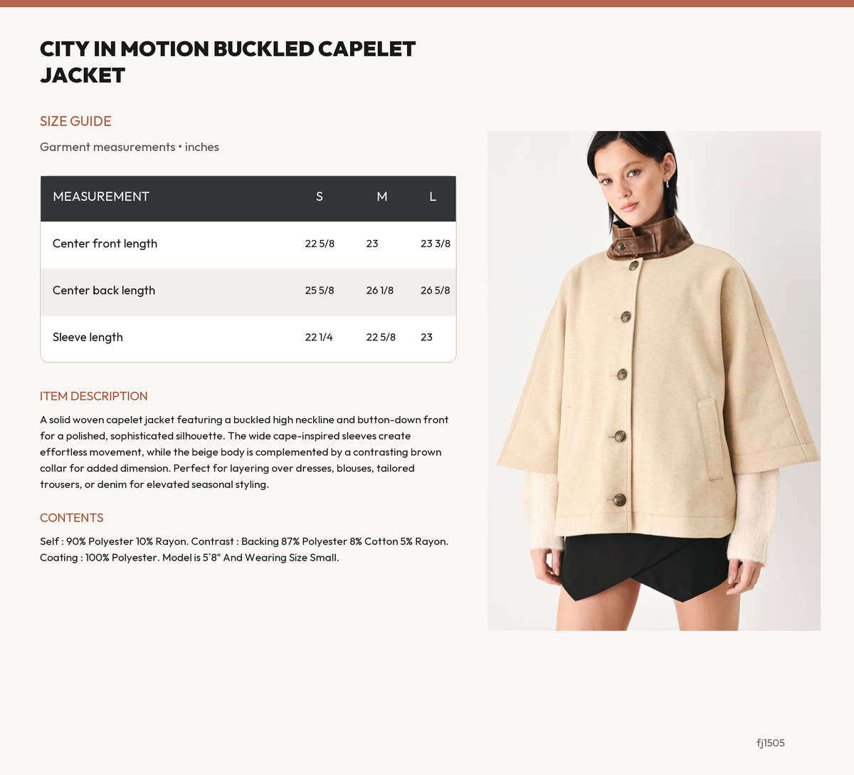 CITY IN MOTION BUCKLED CAPELET JACKET size chart