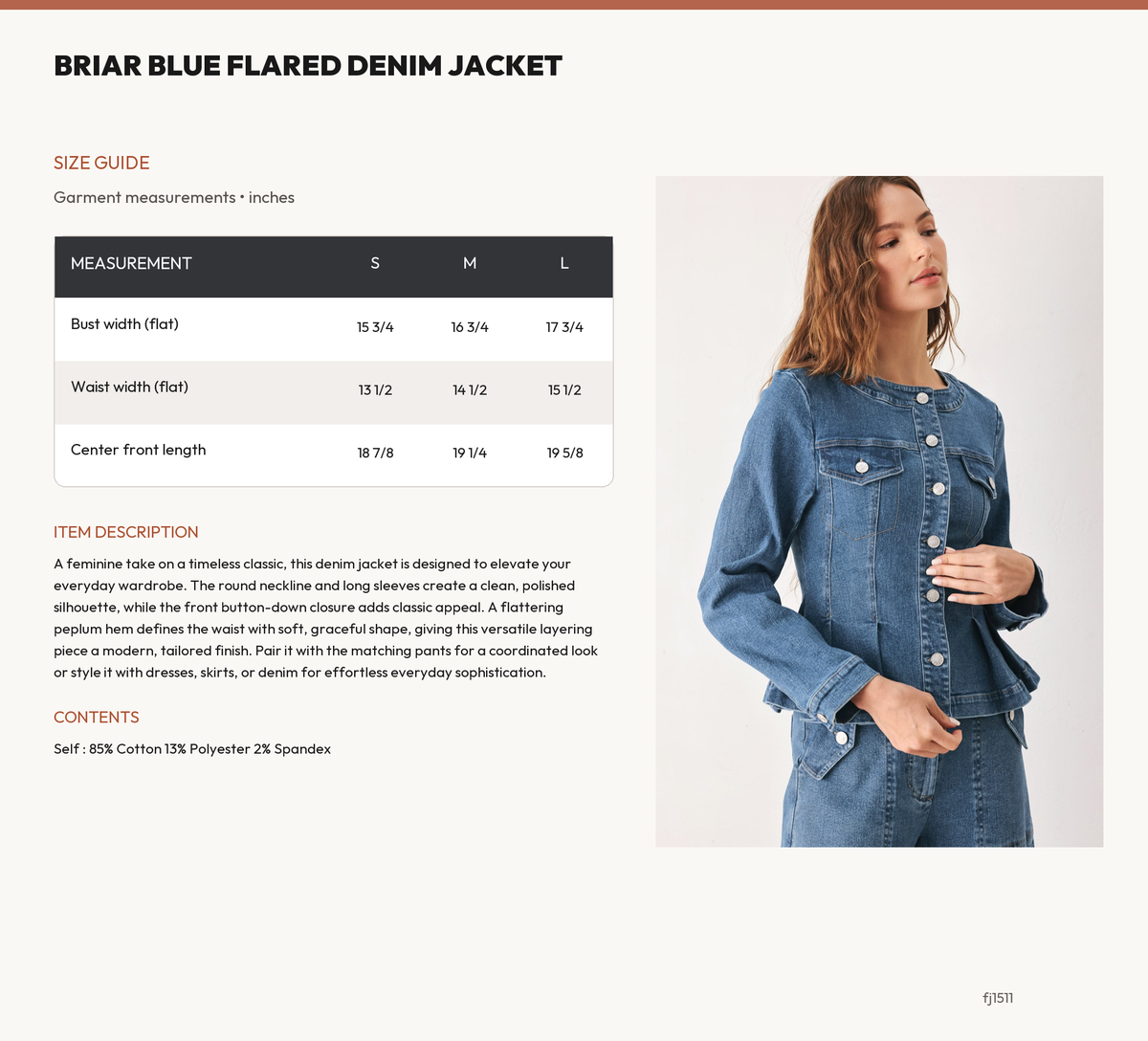 BRIAR BLUE FLARED DENIM JACKET size chart