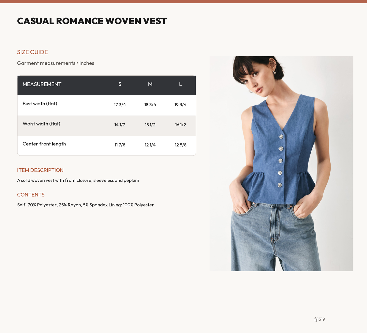 CASUAL ROMANCE WOVEN VEST size chart