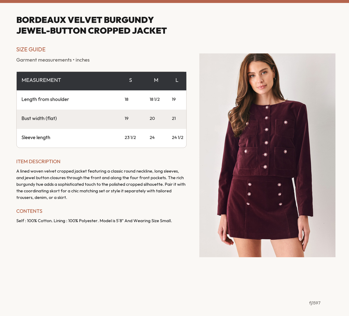 BORDEAUX VELVET BURGUNDY JEWEL-BUTTON CROPPED JACKET size chart