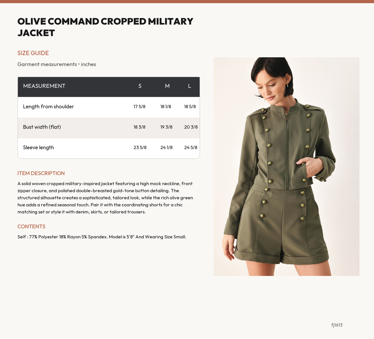 OLIVE COMMAND CROPPED MILITARY JACKET size chart