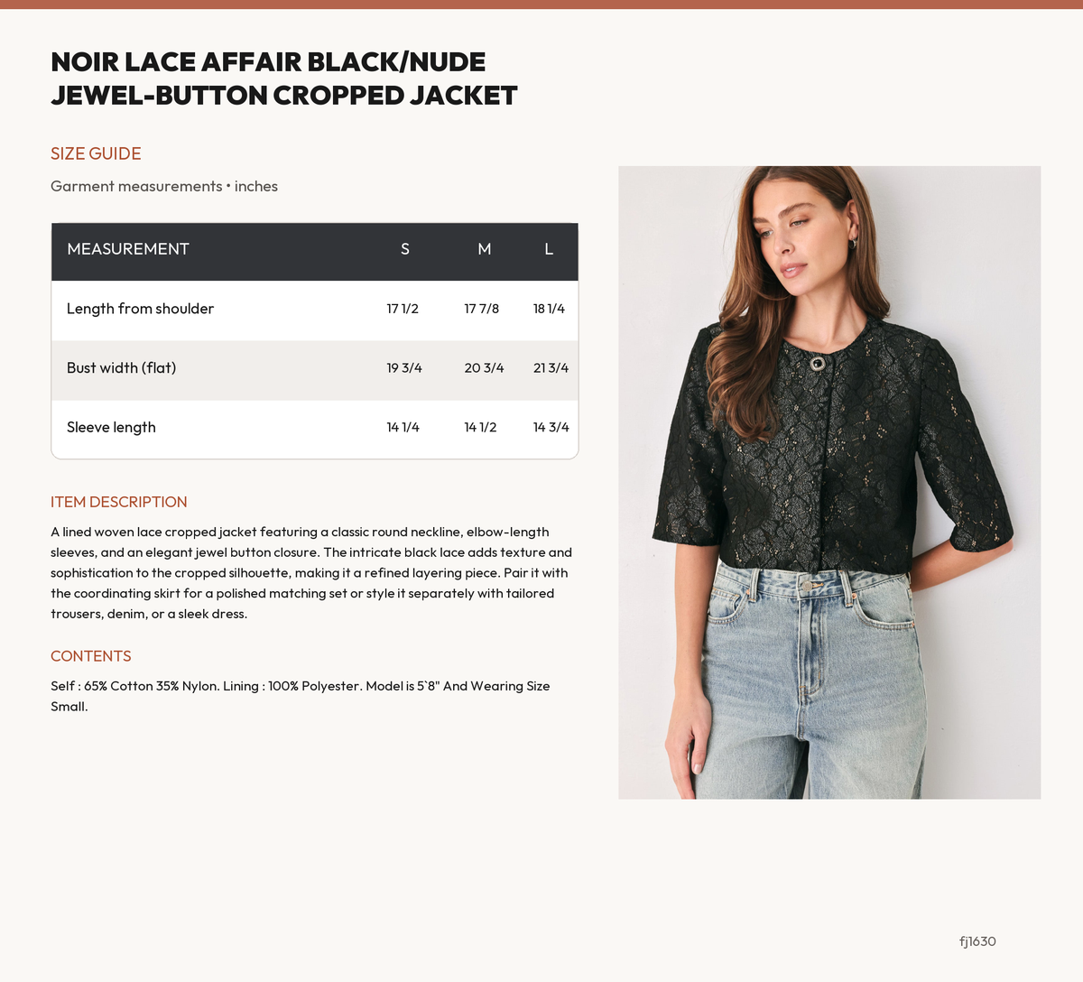 NOIR LACE AFFAIR BLACK/NUDE JEWEL-BUTTON CROPPED JACKET size chart