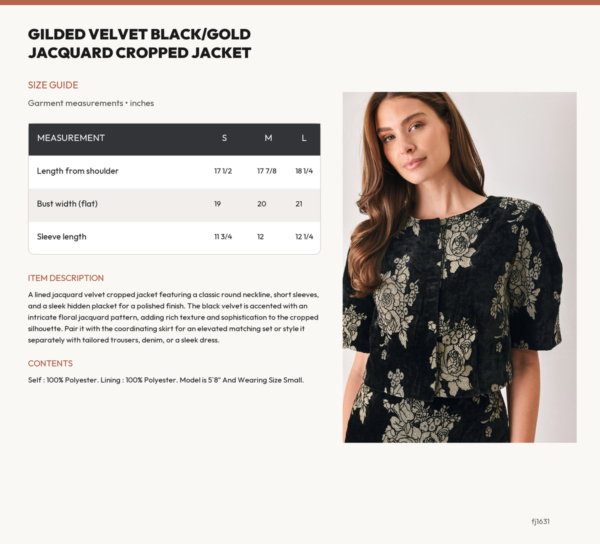 GILDED VELVET BLACK/GOLD JACQUARD CROPPED JACKET size chart