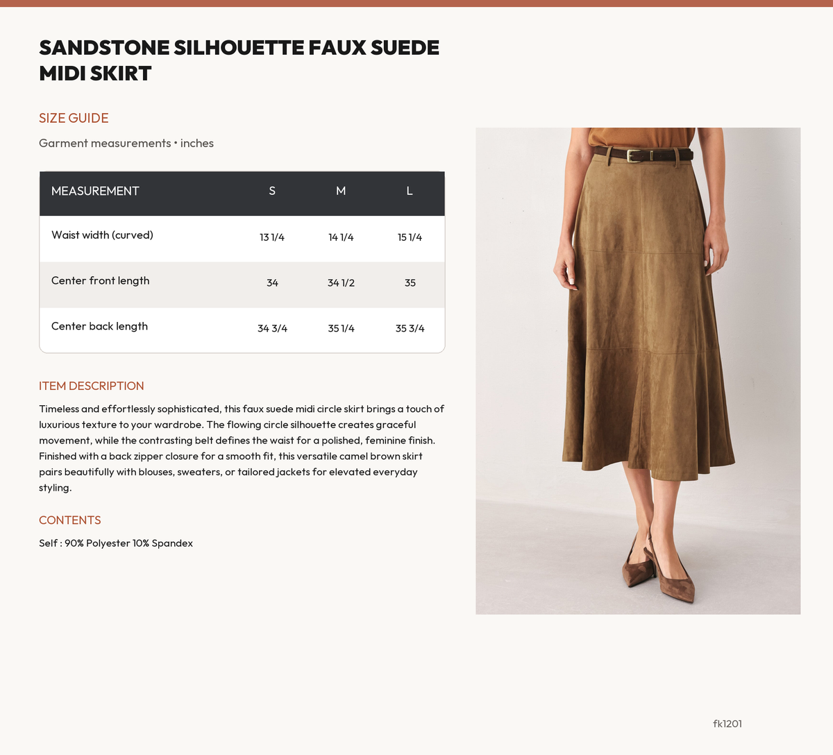 SANDSTONE SILHOUETTE FAUX SUEDE MIDI SKIRT size chart