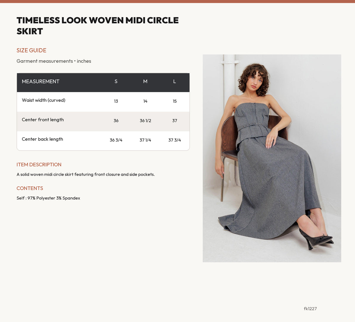 TIMELESS LOOK WOVEN MIDI CIRCLE SKIRT size chart