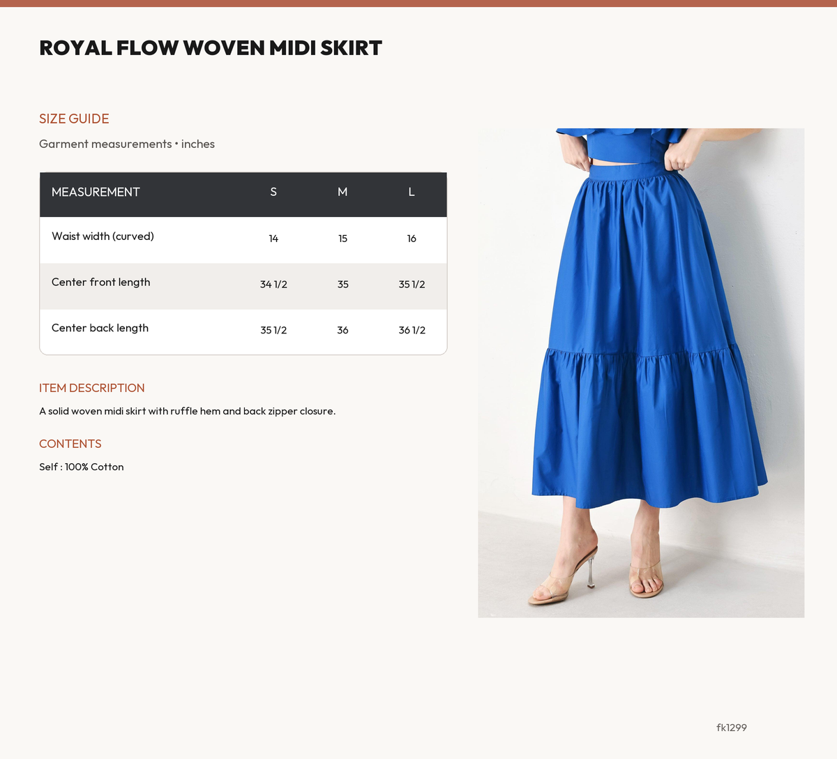 ROYAL FLOW WOVEN MIDI SKIRT size chart