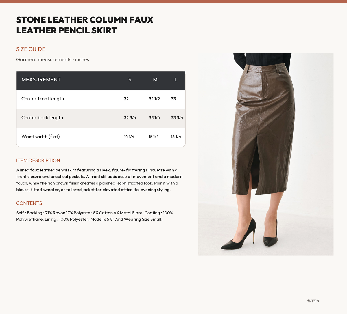 STONE LEATHER COLUMN FAUX LEATHER PENCIL SKIRT size chart