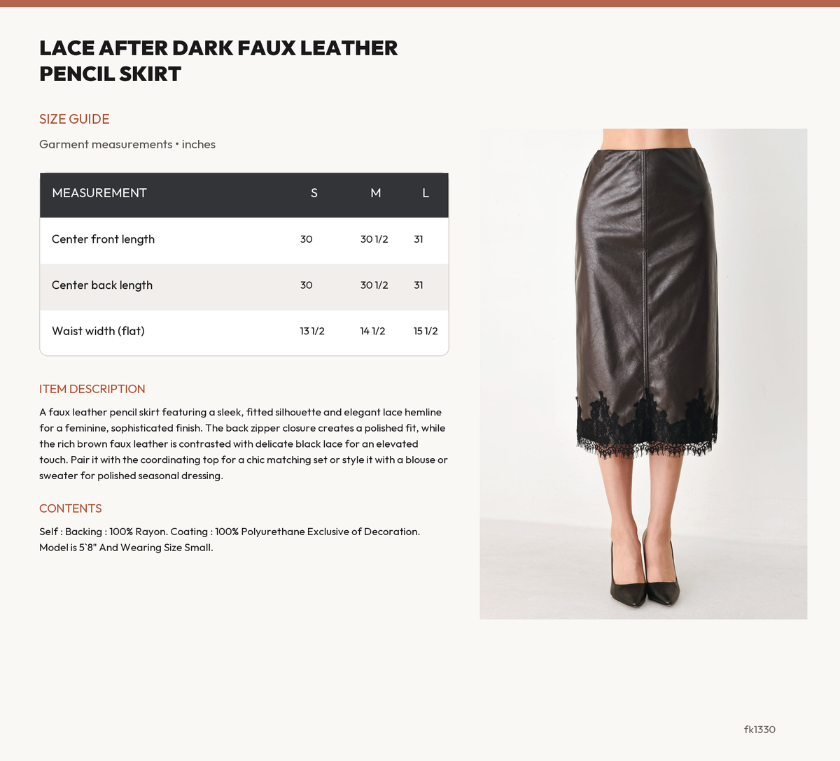 LACE AFTER DARK FAUX LEATHER PENCIL SKIRT size chart