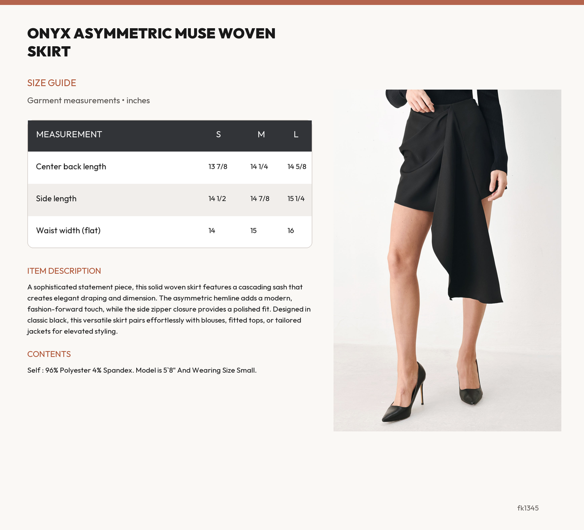 ONYX ASYMMETRIC MUSE WOVEN SKIRT size chart