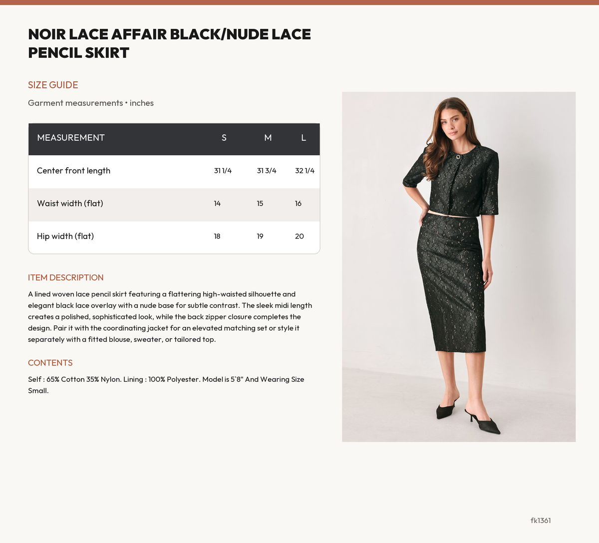 NOIR LACE AFFAIR BLACK/NUDE LACE PENCIL SKIRT size chart