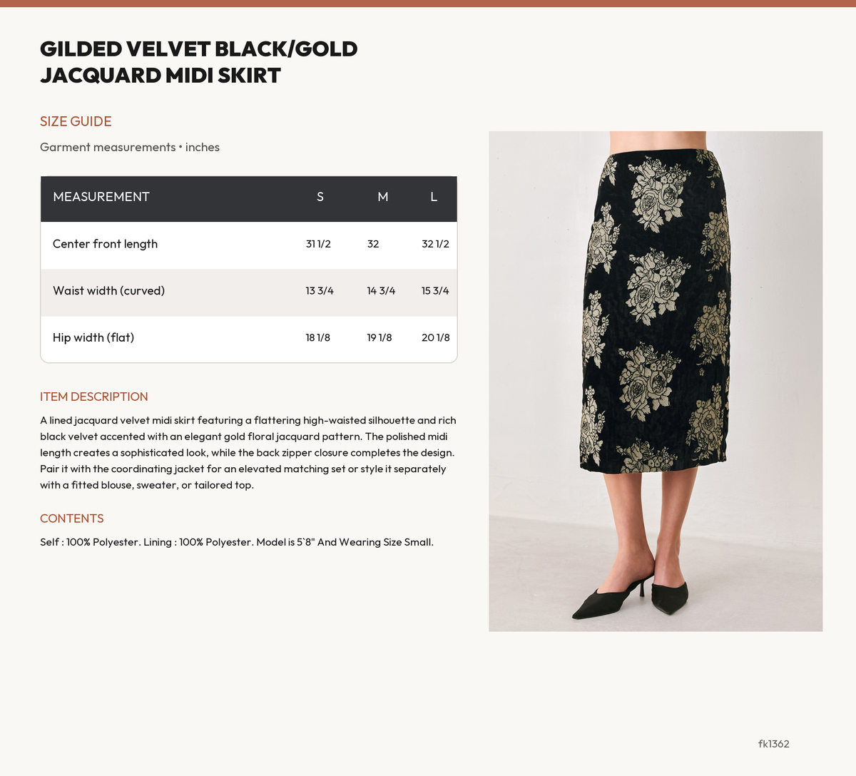 GILDED VELVET BLACK/GOLD JACQUARD MIDI SKIRT size chart