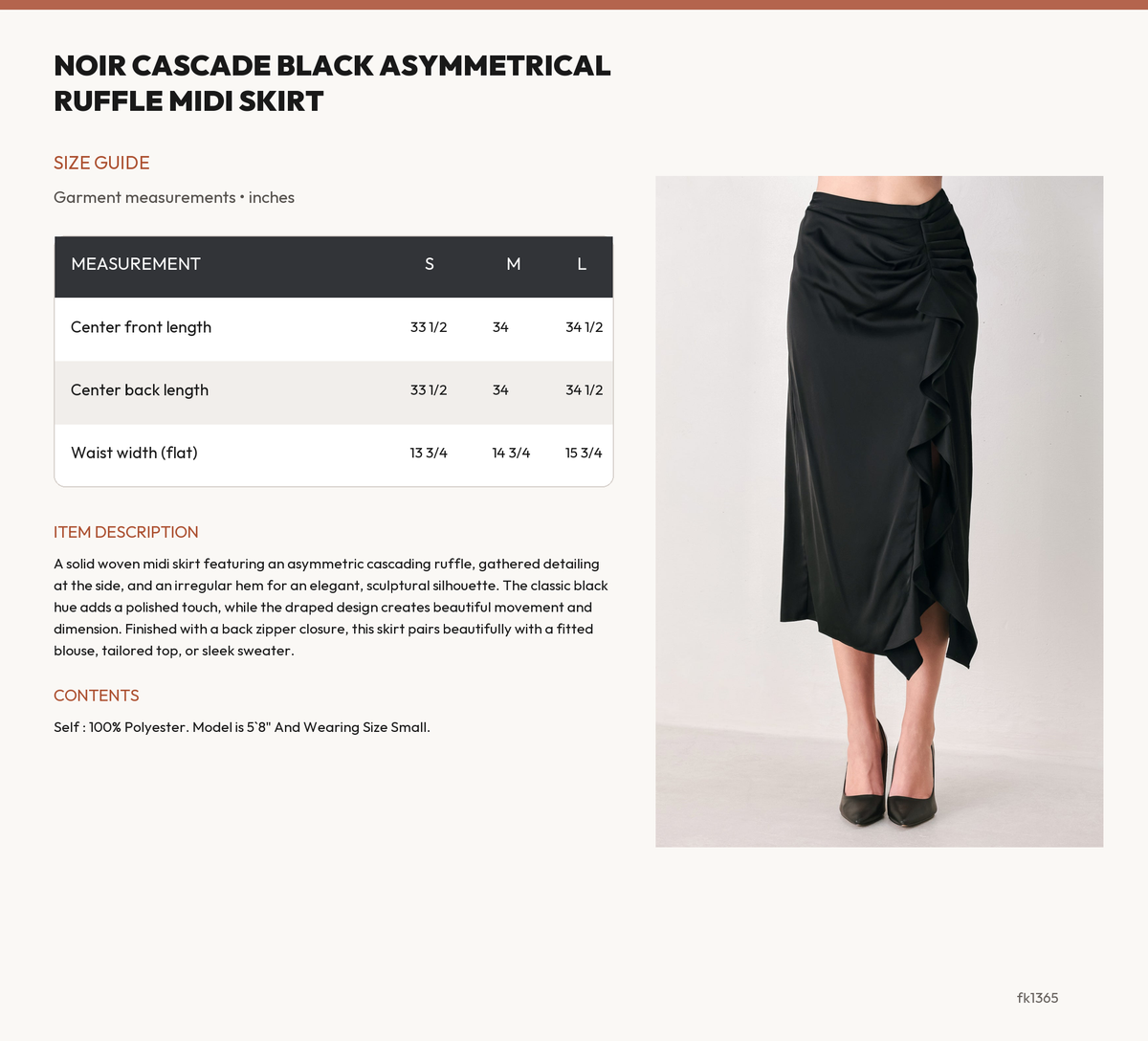 NOIR CASCADE BLACK ASYMMETRICAL RUFFLE MIDI SKIRT size chart