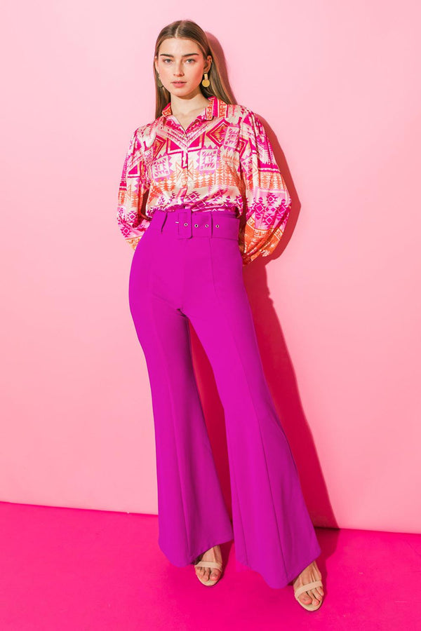 COUNTDOWN THE HOURS WOVEN FLARED PANTS.