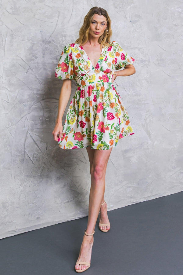 FREE ME TODAY FLORAL WOVEN MINI DRESS.